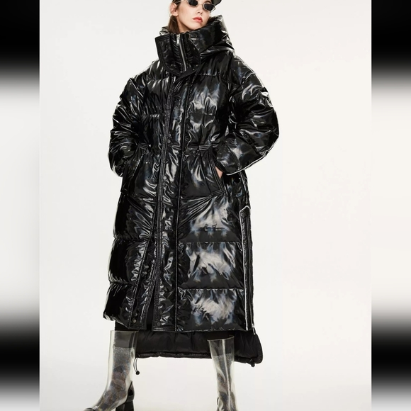 ♥️NWT Warm long Black Wet Metalic Wet Down puffer . L - Picture 5 of 7